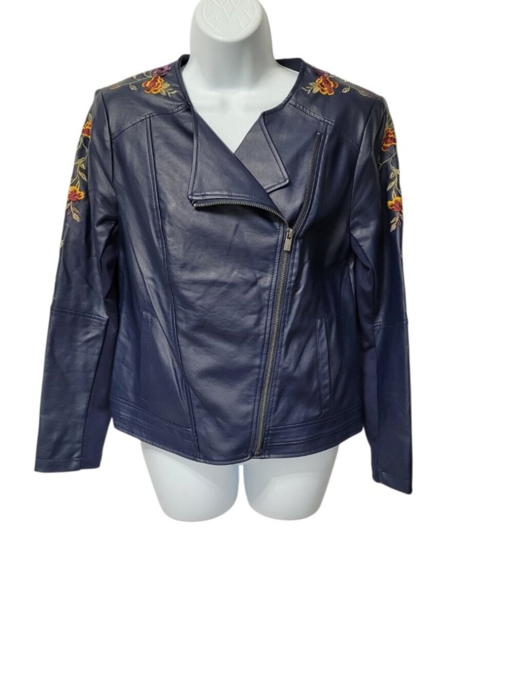 G by Giuliana Women’s Black Label Faux Leather Moto Jacket S Floral Embroidery